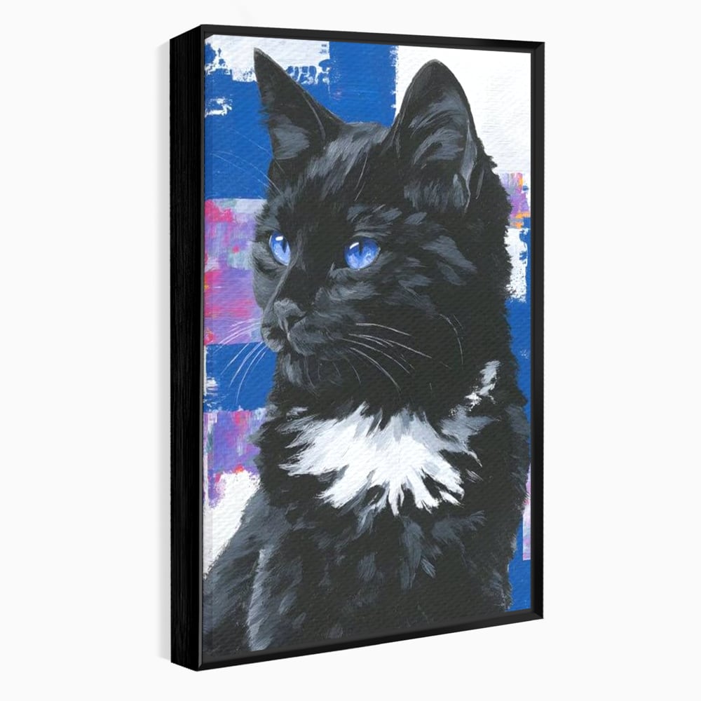 Tablou canvas cu tablou canvas cu pisica neagra, in rama de aluminiu negru